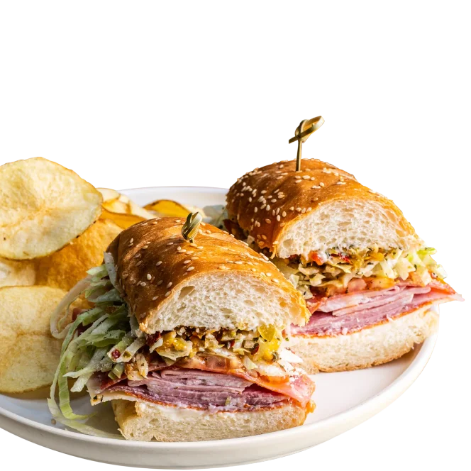 Pinthouse brewing italian grinder sandwich and chips